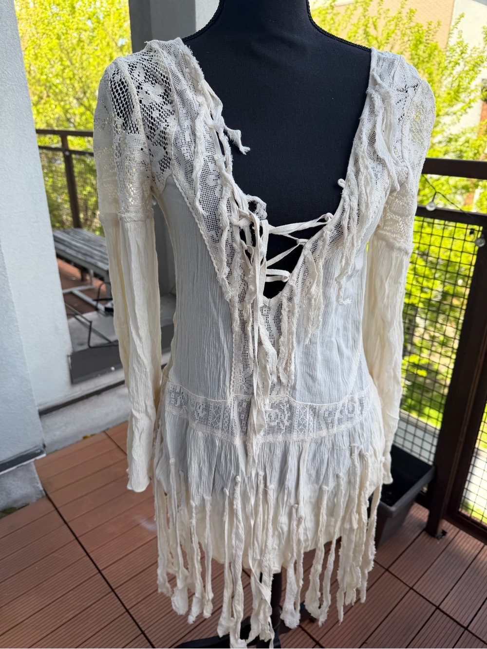 Free People Ivory Lace-Up Fringe Boho Dress